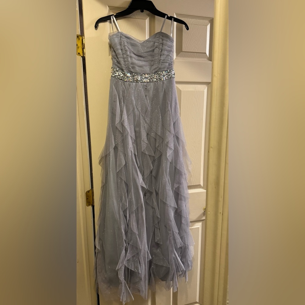 Nights by Teeze Me Glitter Formal Cocktail Evening Gown Silver Rhinestone Waist